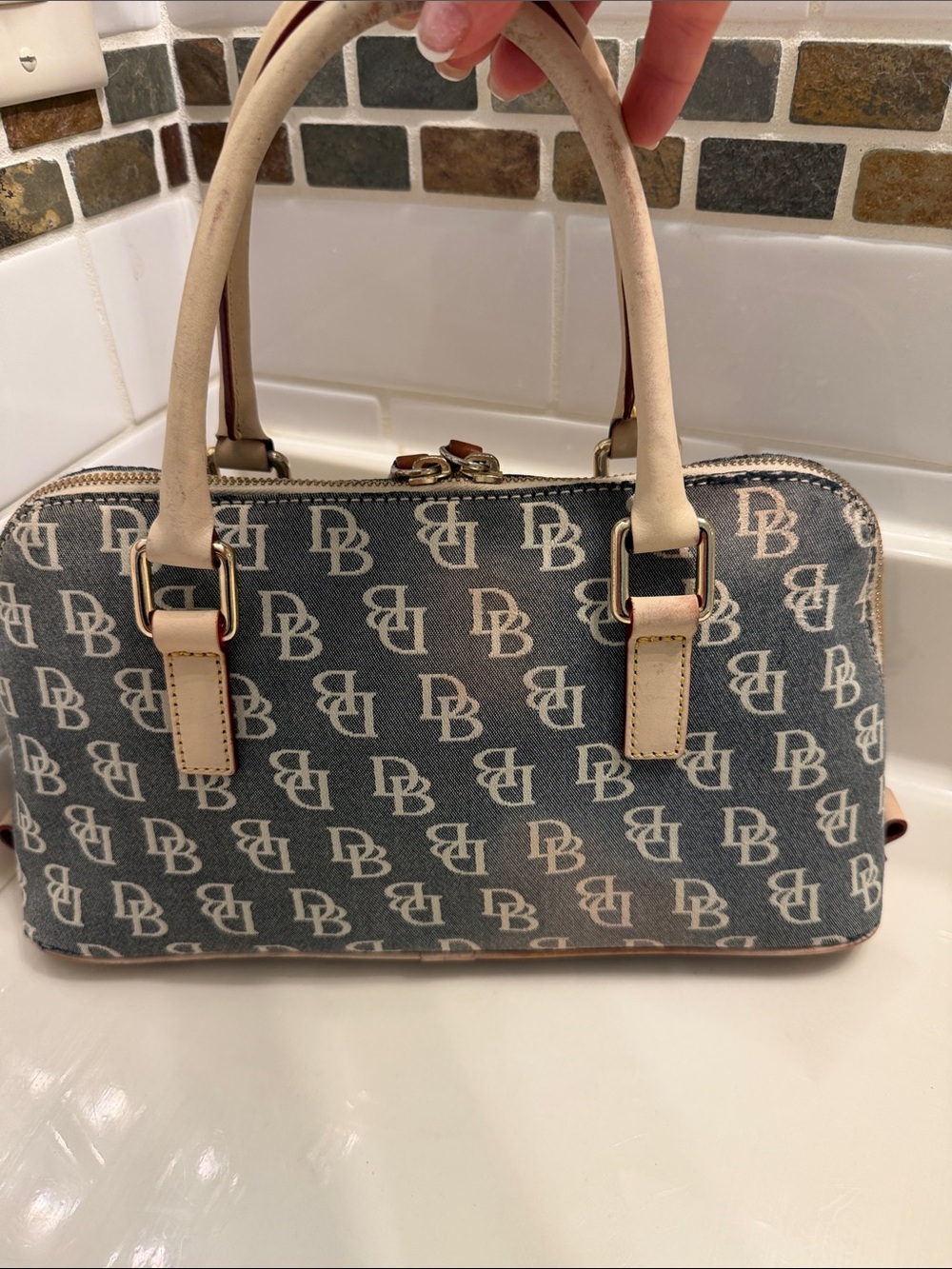 Dooney & Bourke Monogram Satchel in Brown and Cream - Picture 3 of 11